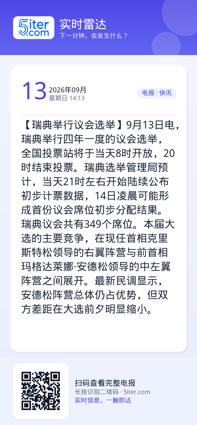 【瑞典举行议会选举】9月13日电，瑞典举行四年一度的议会选举，全国投票站将于当天8时开放，20时结束投票。瑞典选举管理局