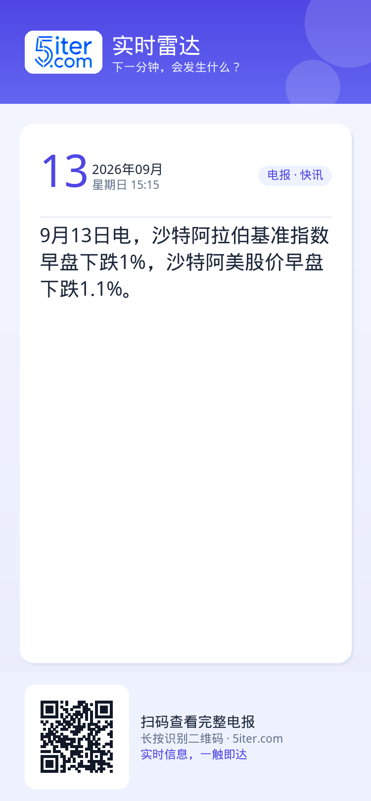 9月13日电，沙特阿拉伯基准指数早盘下跌1%，沙特阿美股价早盘下跌1.1%。