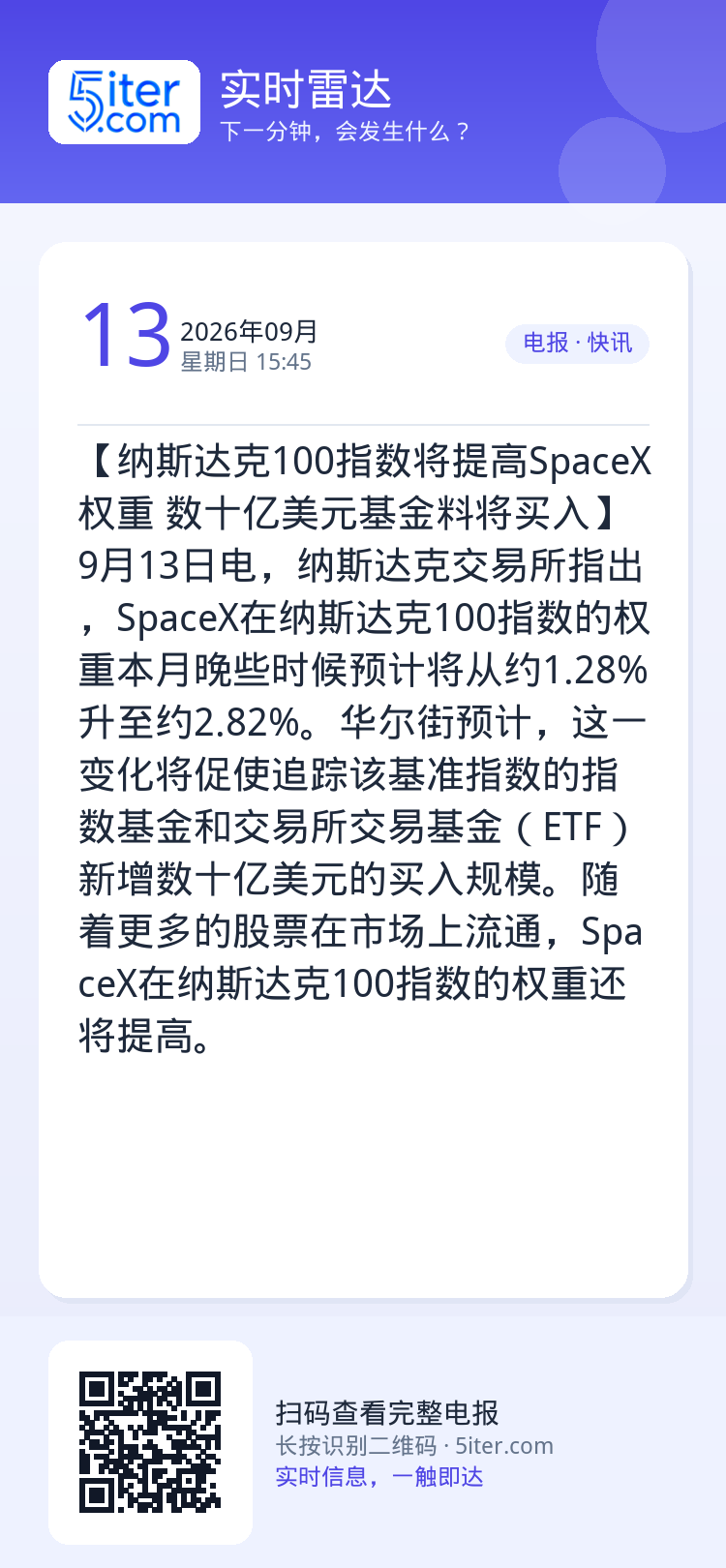 【纳斯达克100指数将提高SpaceX权重 数十亿美元基金料将买入】9月13日电，纳斯达克交易所指出，SpaceX在纳斯