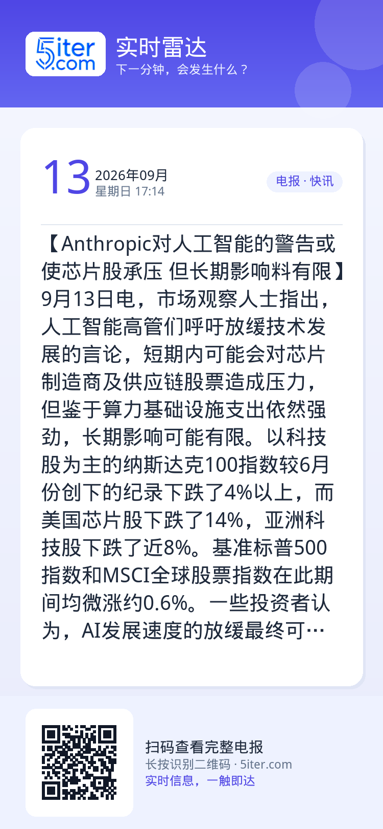 【Anthropic对人工智能的警告或使芯片股承压 但长期影响料有限】9月13日电，市场观察人士指出，人工智能高管们呼吁
