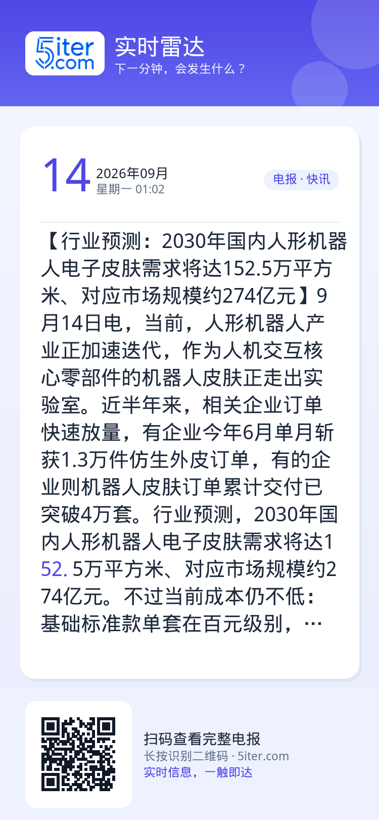 【行业预测：2030年国内人形机器人电子皮肤需求将达152.5万平方米、对应市场规模约274亿元】9月14日电，当前，人