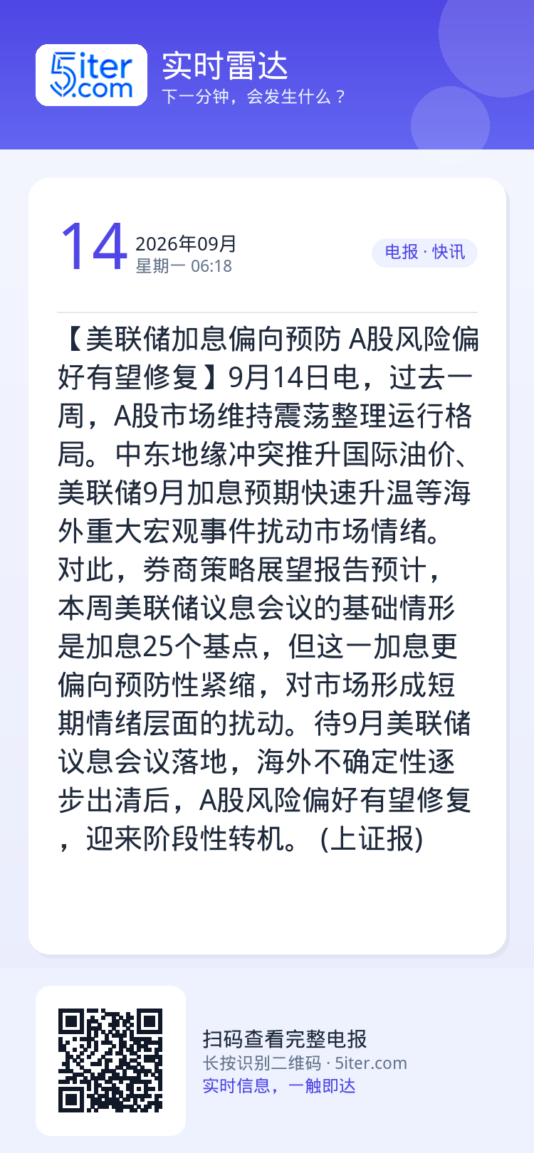 【美联储加息偏向预防 A股风险偏好有望修复】9月14日电，过去一周，A股市场维持震荡整理运行格局。中东地缘冲突推升国际油