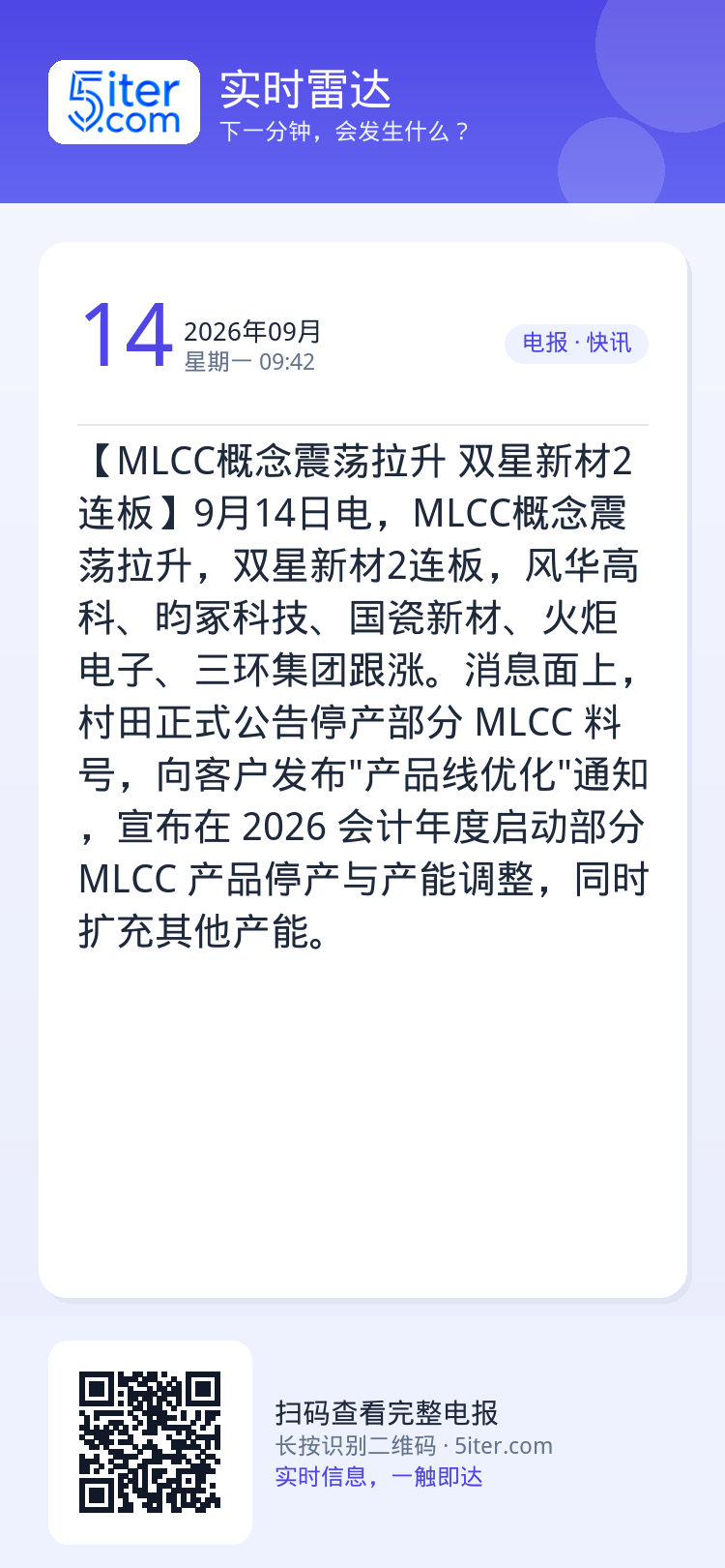 【MLCC概念震荡拉升 双星新材2连板】9月14日电，MLCC概念震荡拉升，双星新材2连板，风华高科、昀冢科技、国瓷新材