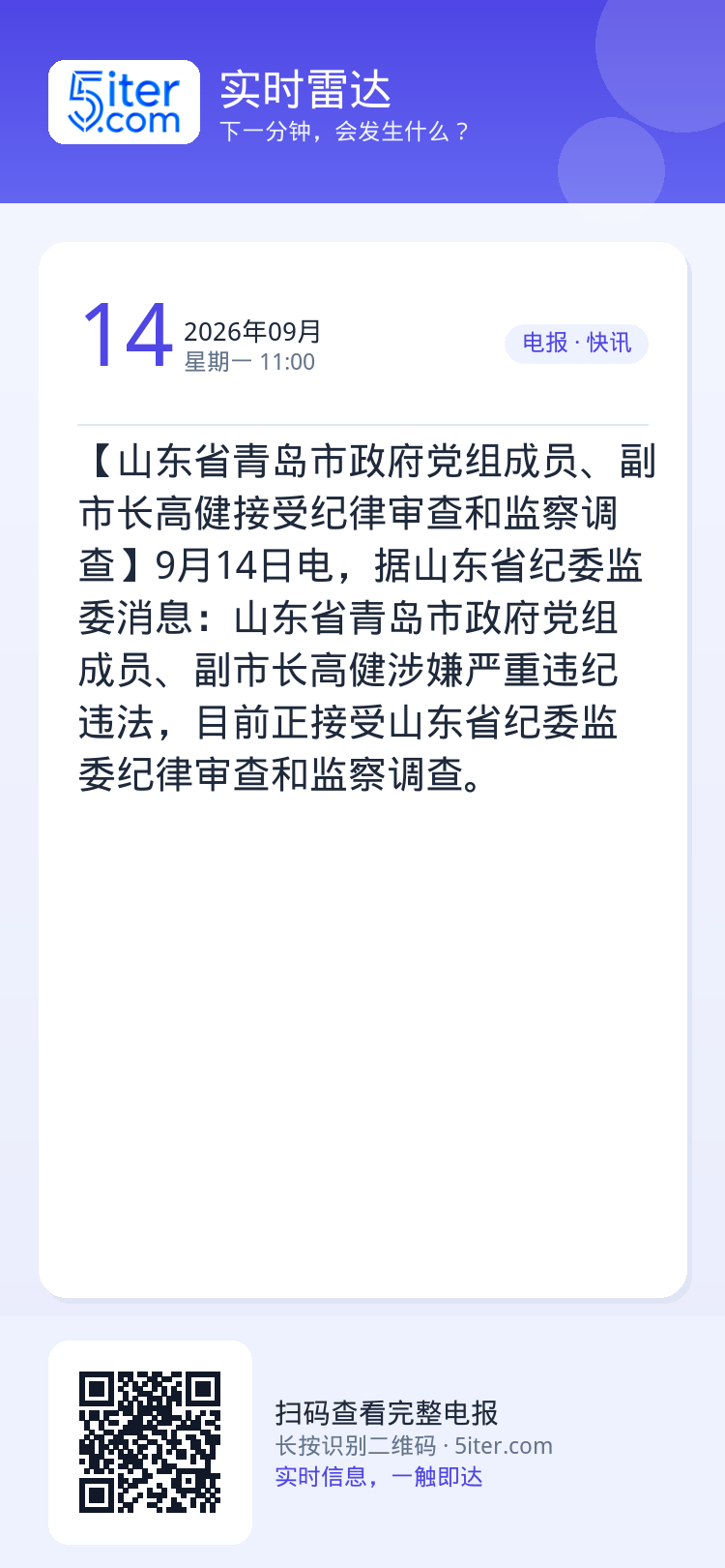 【山东省青岛市政府党组成员、副市长高健接受纪律审查和监察调查】9月14日电，据山东省纪委监委消息：山东省青岛市政府党组成