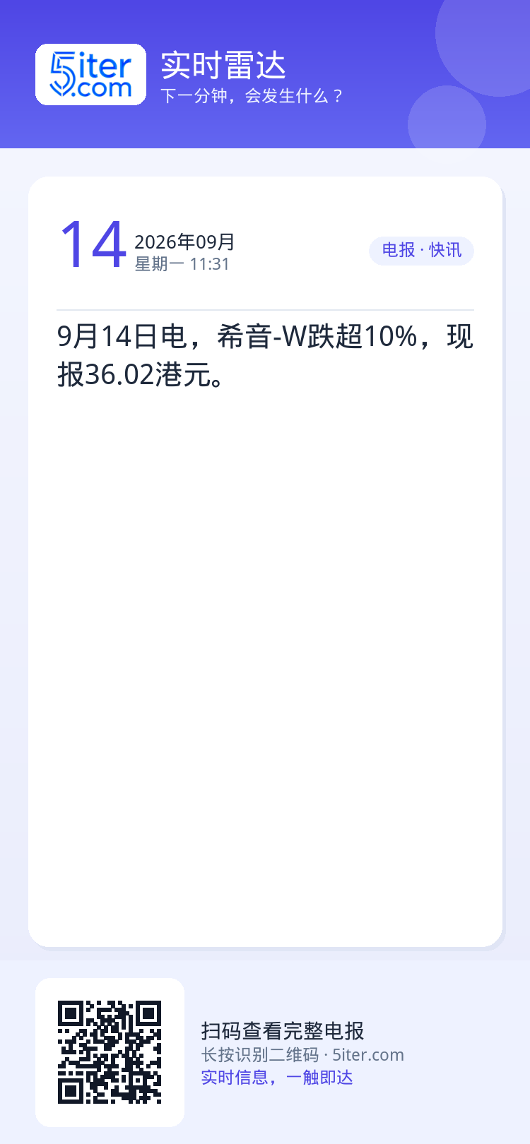 9月14日电，希音-W跌超10%，现报36.02港元。