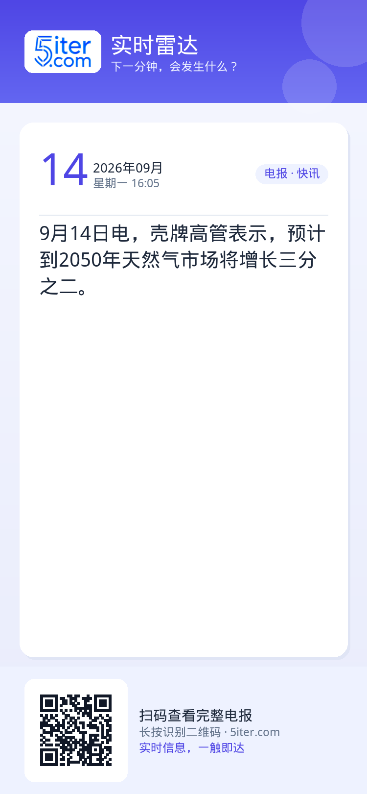 9月14日电，壳牌高管表示，预计到2050年天然气市场将增长三分之二。