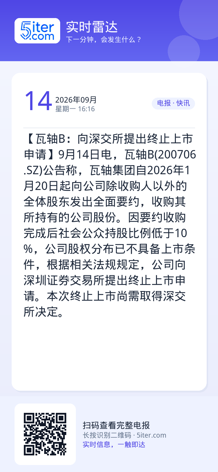【瓦轴B：向深交所提出终止上市申请】9月14日电，瓦轴B(200706.SZ)公告称，瓦轴集团自2026年1月20日起向