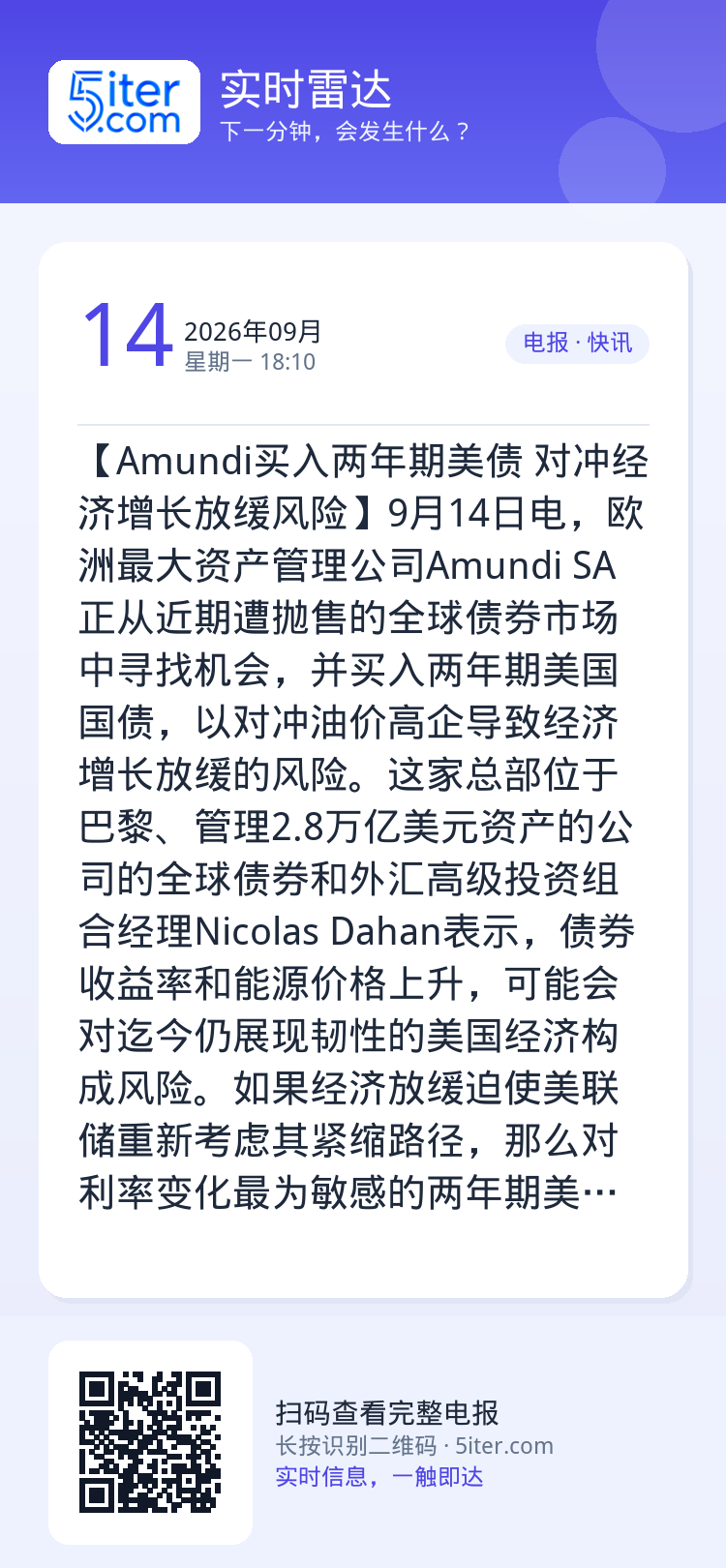 【Amundi买入两年期美债 对冲经济增长放缓风险】9月14日电，欧洲最大资产管理公司Amundi SA正从近期遭抛售的