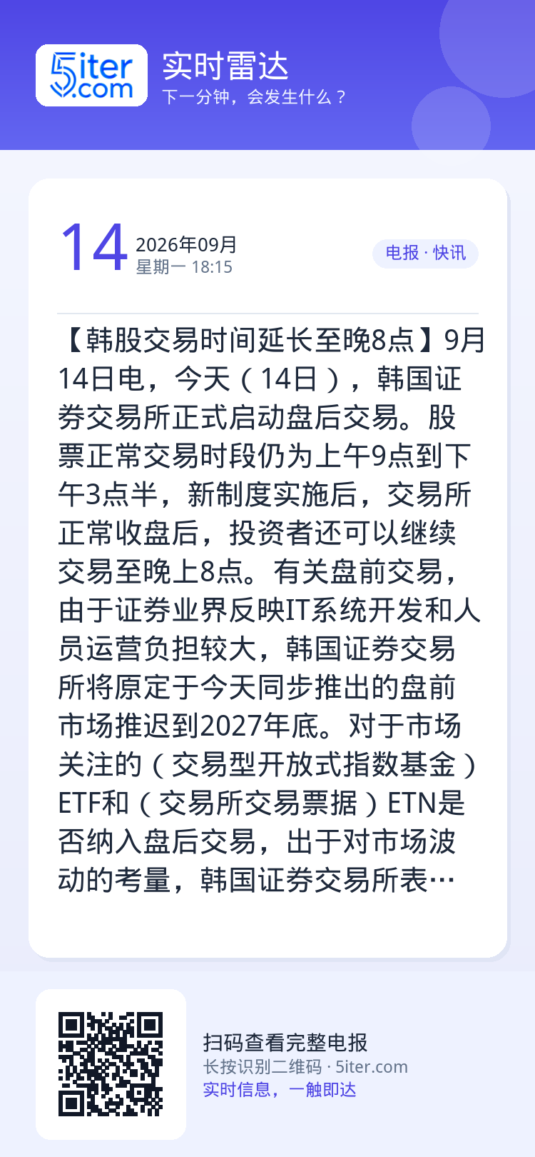 【韩股交易时间延长至晚8点】9月14日电，今天（14日），韩国证券交易所正式启动盘后交易。股票正常交易时段仍为上午9点到