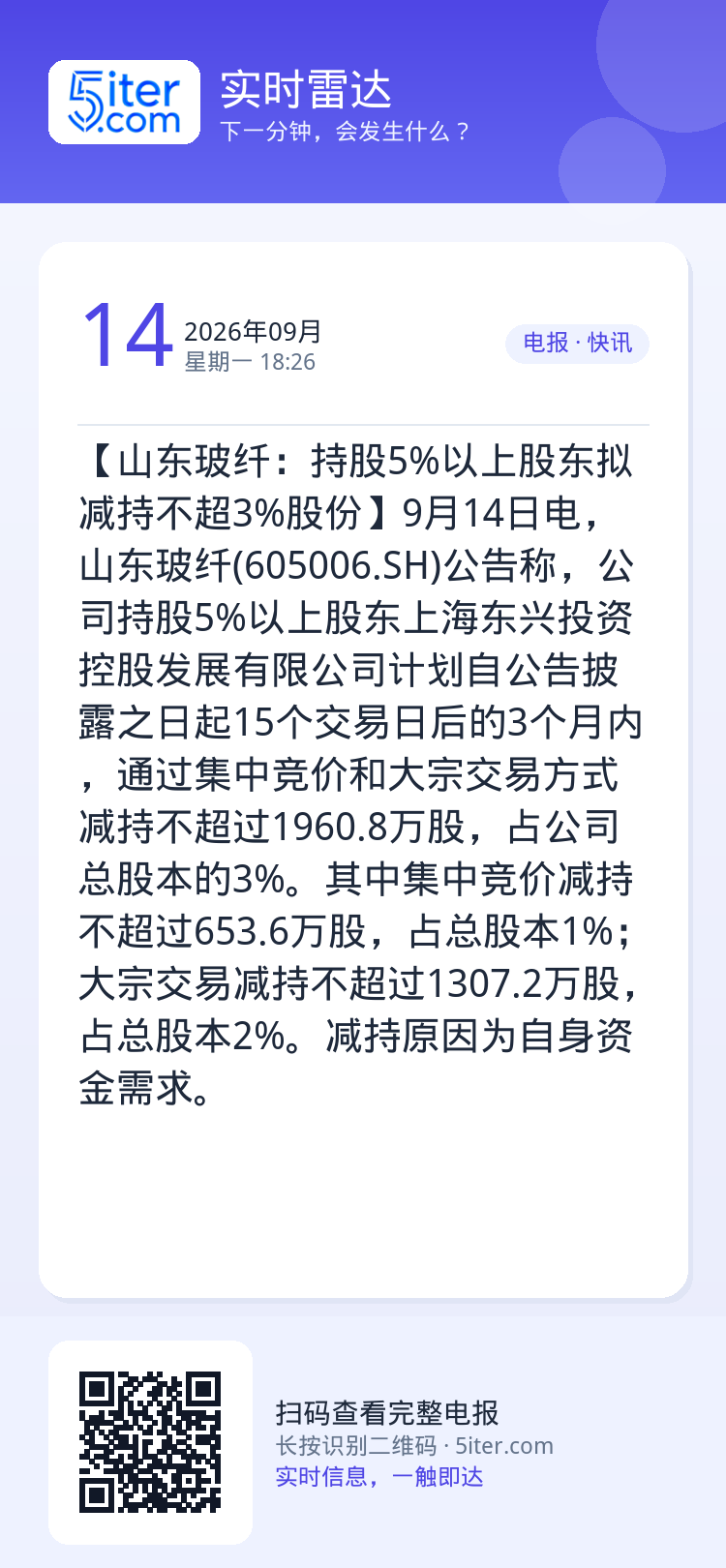 【山东玻纤：持股5%以上股东拟减持不超3%股份】9月14日电，山东玻纤(605006.SH)公告称，公司持股5%以上股东