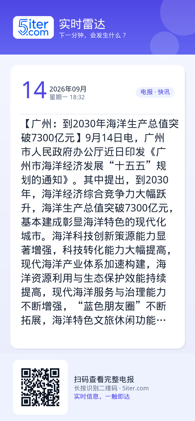 【广州：到2030年海洋生产总值突破7300亿元】9月14日电，广州市人民政府办公厅近日印发《广州市海洋经济发展“十五五