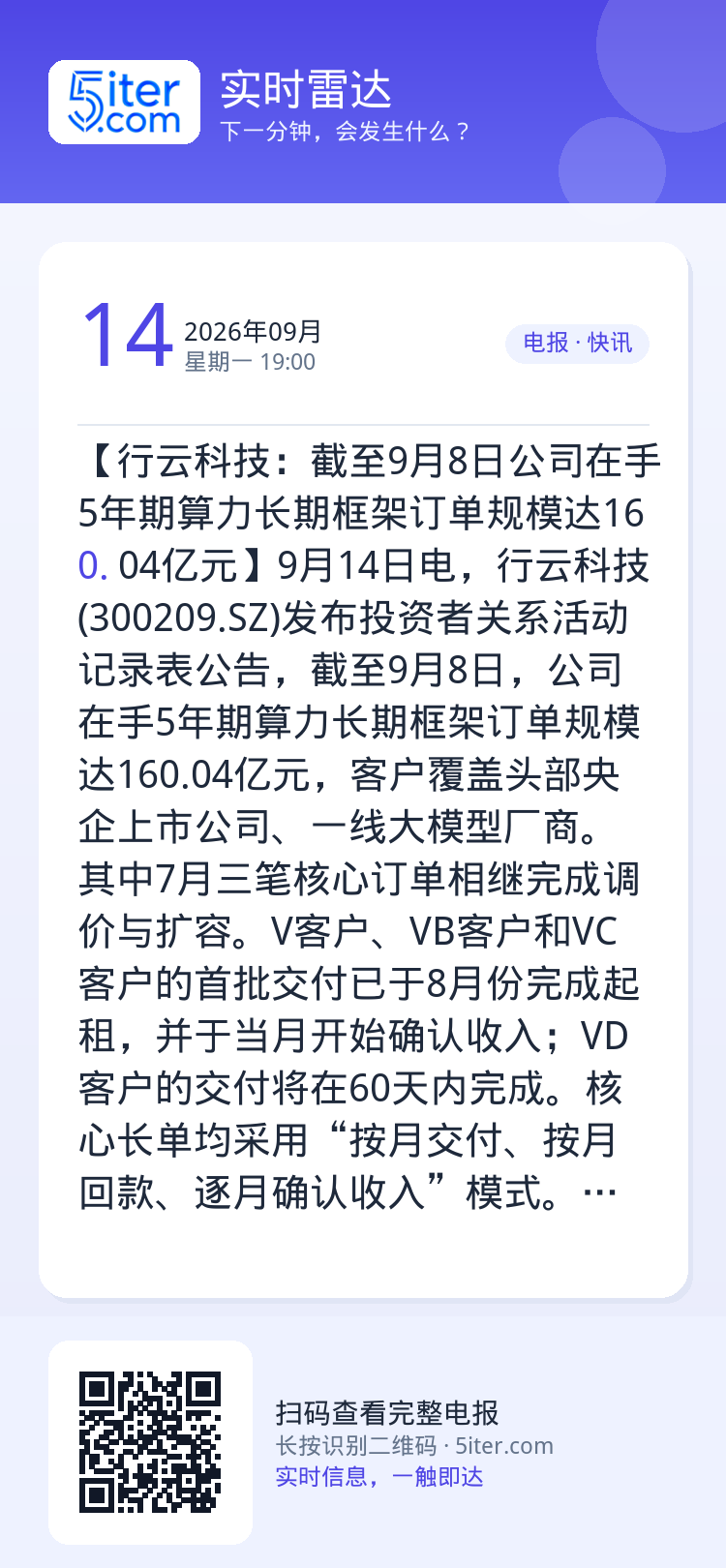 【行云科技：截至9月8日公司在手5年期算力长期框架订单规模达160.04亿元】9月14日电，行云科技(300209.SZ