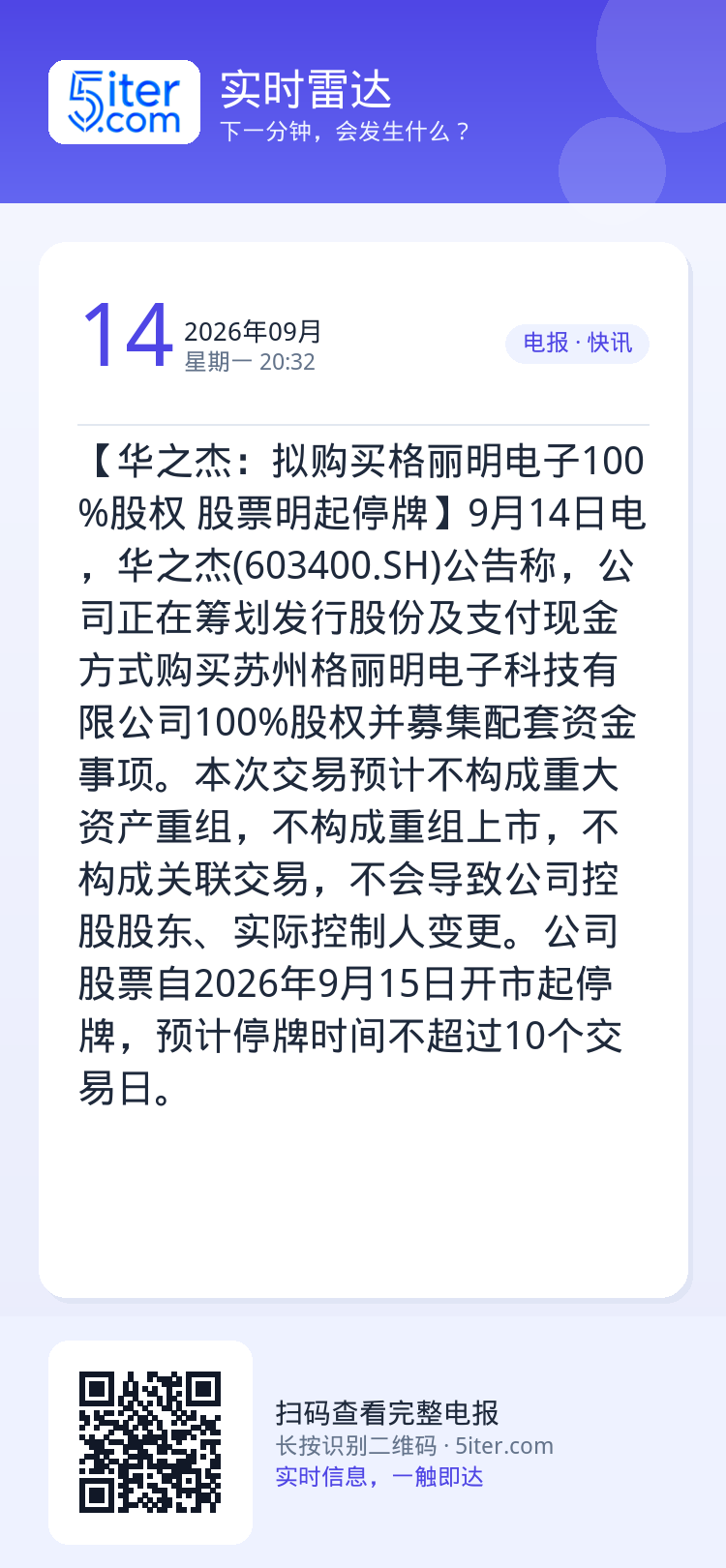 【华之杰：拟购买格丽明电子100%股权 股票明起停牌】9月14日电，华之杰(603400.SH)公告称，公司正在筹划发行