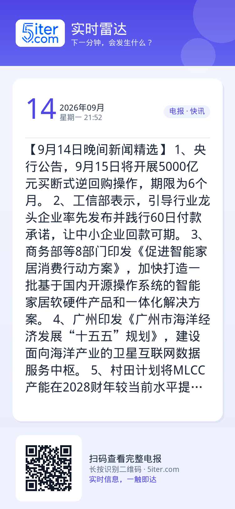 【9月14日晚间新闻精选】
1、央行公告，9月15日将开展5000亿元买断式逆回购操作，期限为6个月。
2、工信部表示，