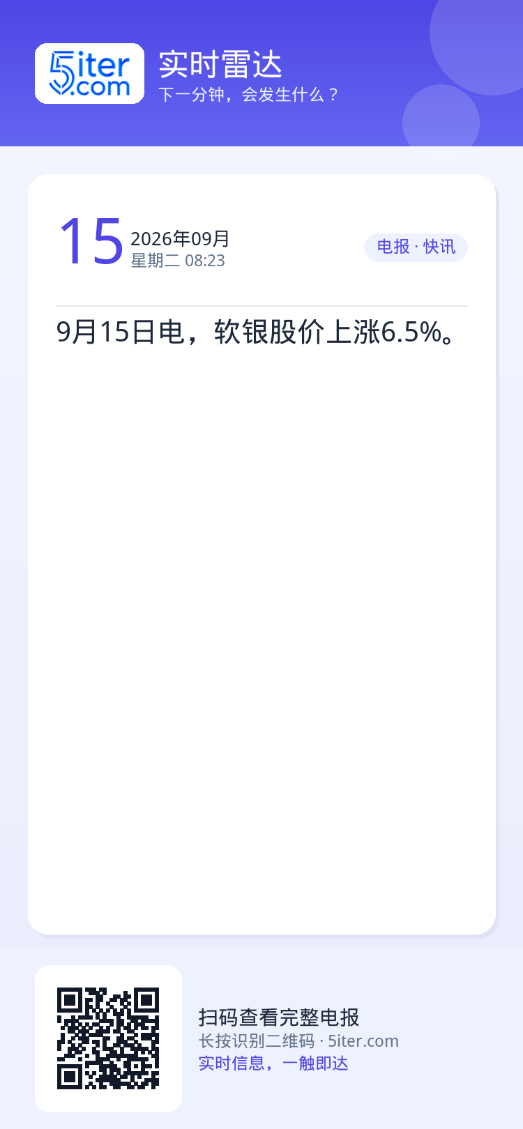9月15日电，软银股价上涨6.5%。