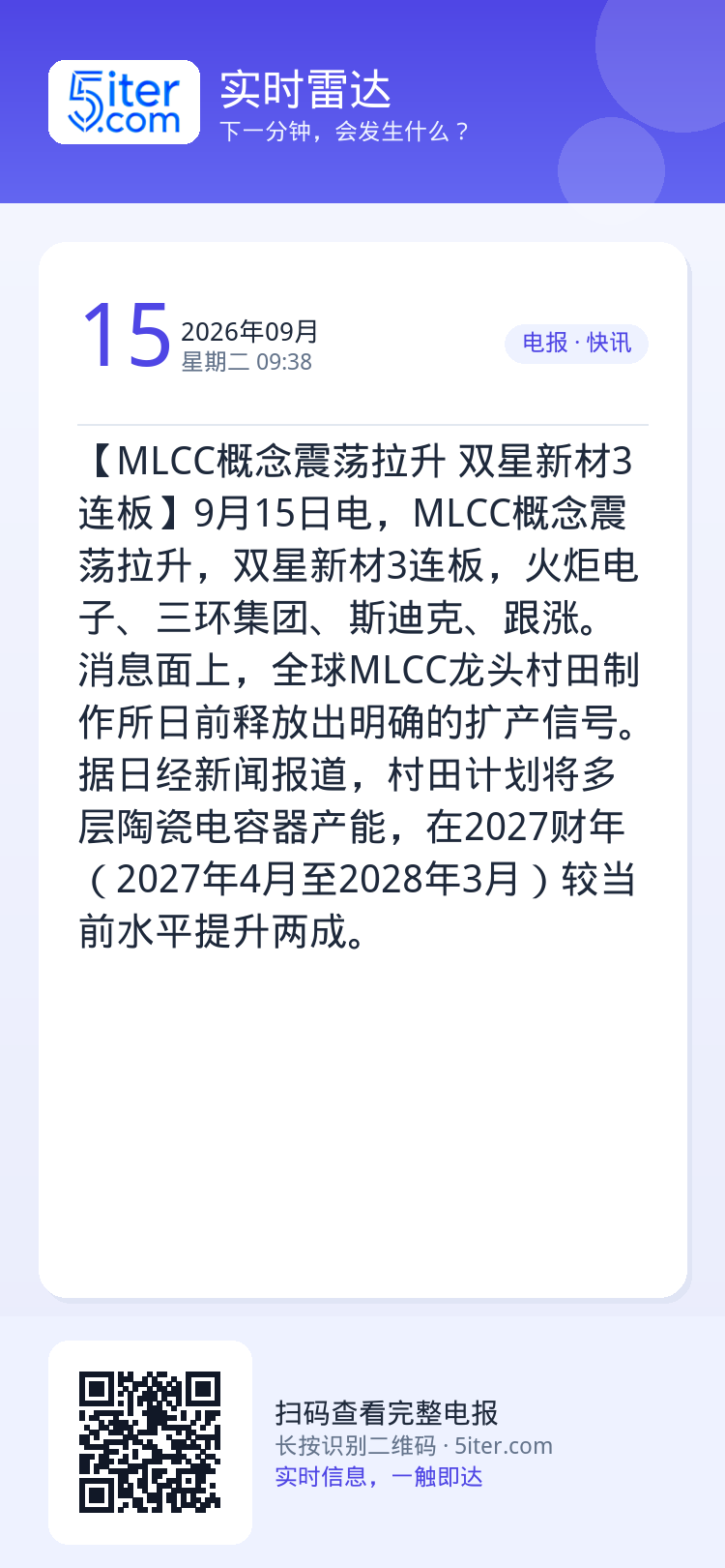 【MLCC概念震荡拉升 双星新材3连板】9月15日电，MLCC概念震荡拉升，双星新材3连板，火炬电子、三环集团、斯迪克、
