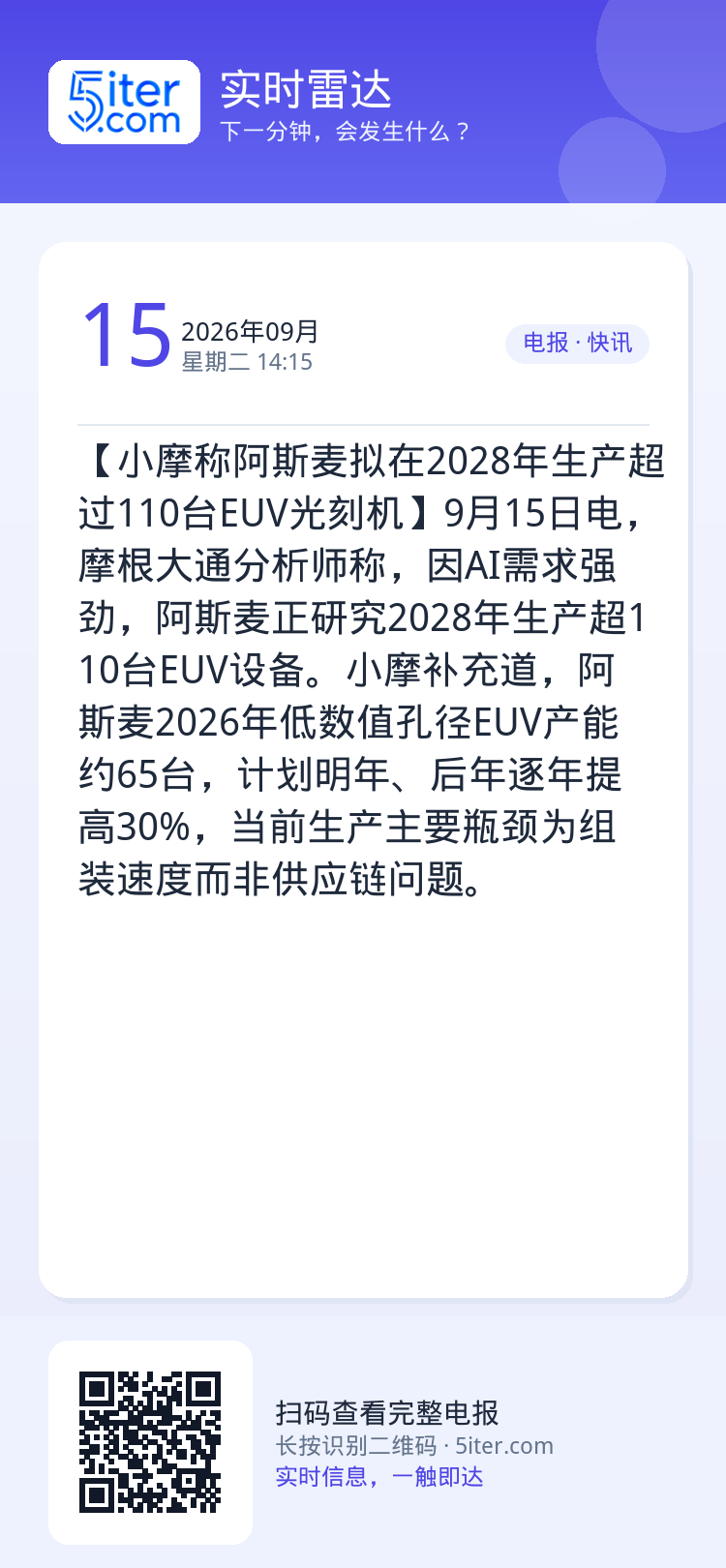 【小摩称阿斯麦拟在2028年生产超过110台EUV光刻机】9月15日电，摩根大通分析师称，因AI需求强劲，阿斯麦正研究2