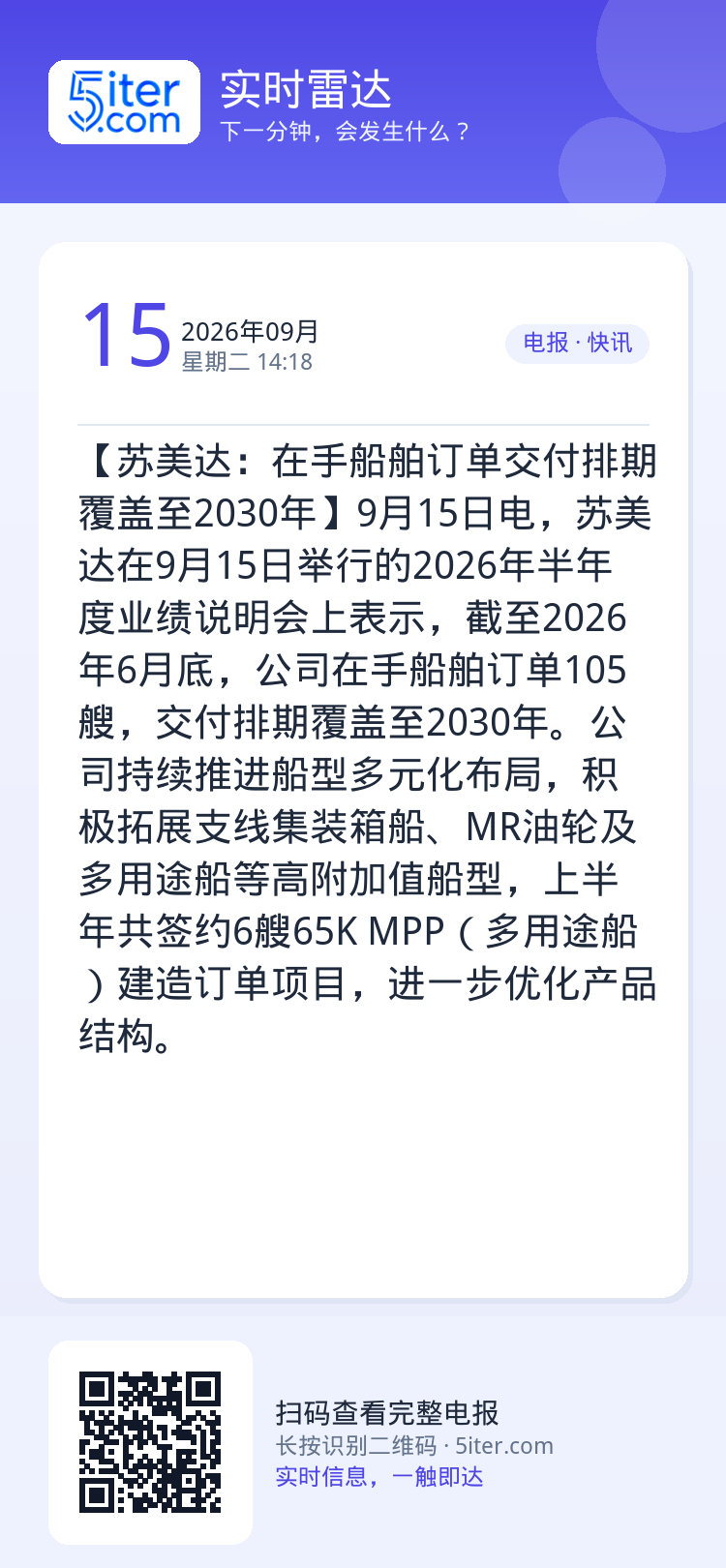 【苏美达：在手船舶订单交付排期覆盖至2030年】9月15日电，苏美达在9月15日举行的2026年半年度业绩说明会上表示，