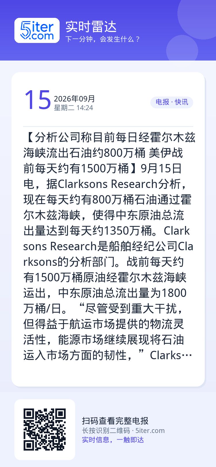 【分析公司称目前每日经霍尔木兹海峡流出石油约800万桶 美伊战前每天约有1500万桶】9月15日电，据Clarksons