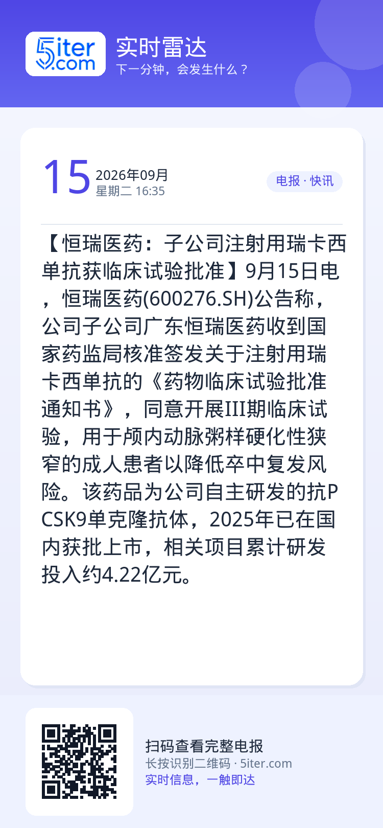 【恒瑞医药：子公司注射用瑞卡西单抗获临床试验批准】9月15日电，恒瑞医药(600276.SH)公告称，公司子公司广东恒瑞