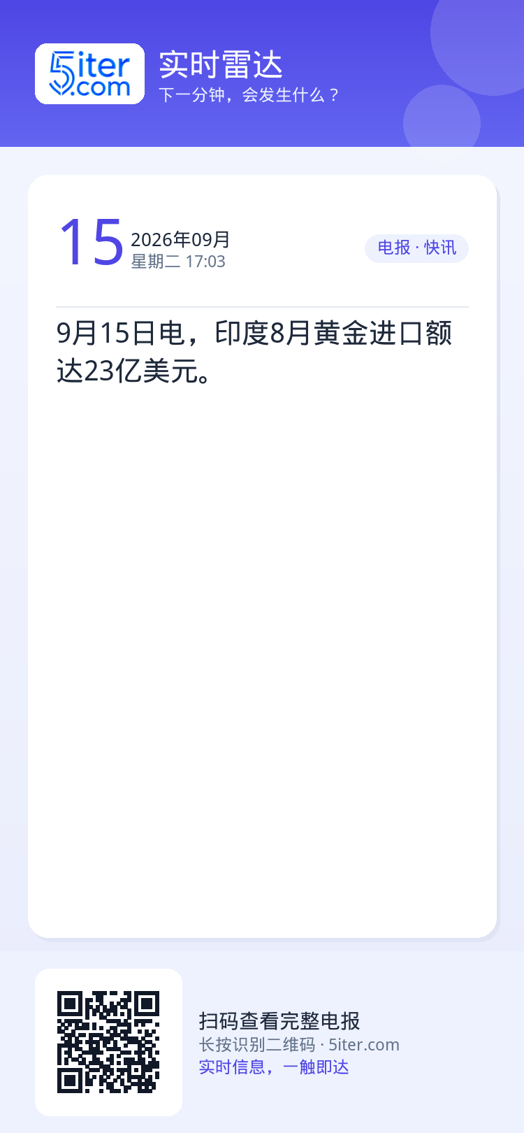 9月15日电，印度8月黄金进口额达23亿美元。