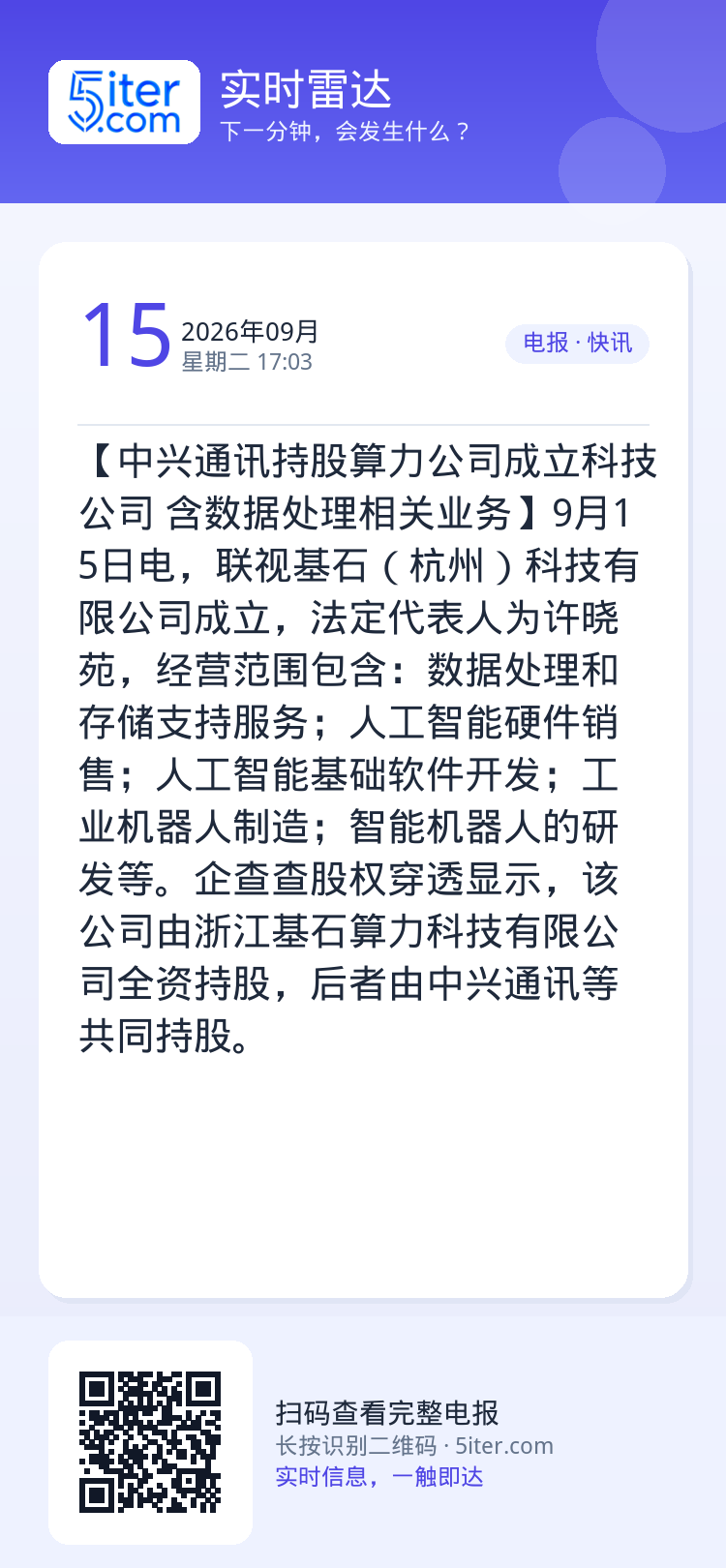 【中兴通讯持股算力公司成立科技公司 含数据处理相关业务】9月15日电，联视基石（杭州）科技有限公司成立，法定代表人为许晓