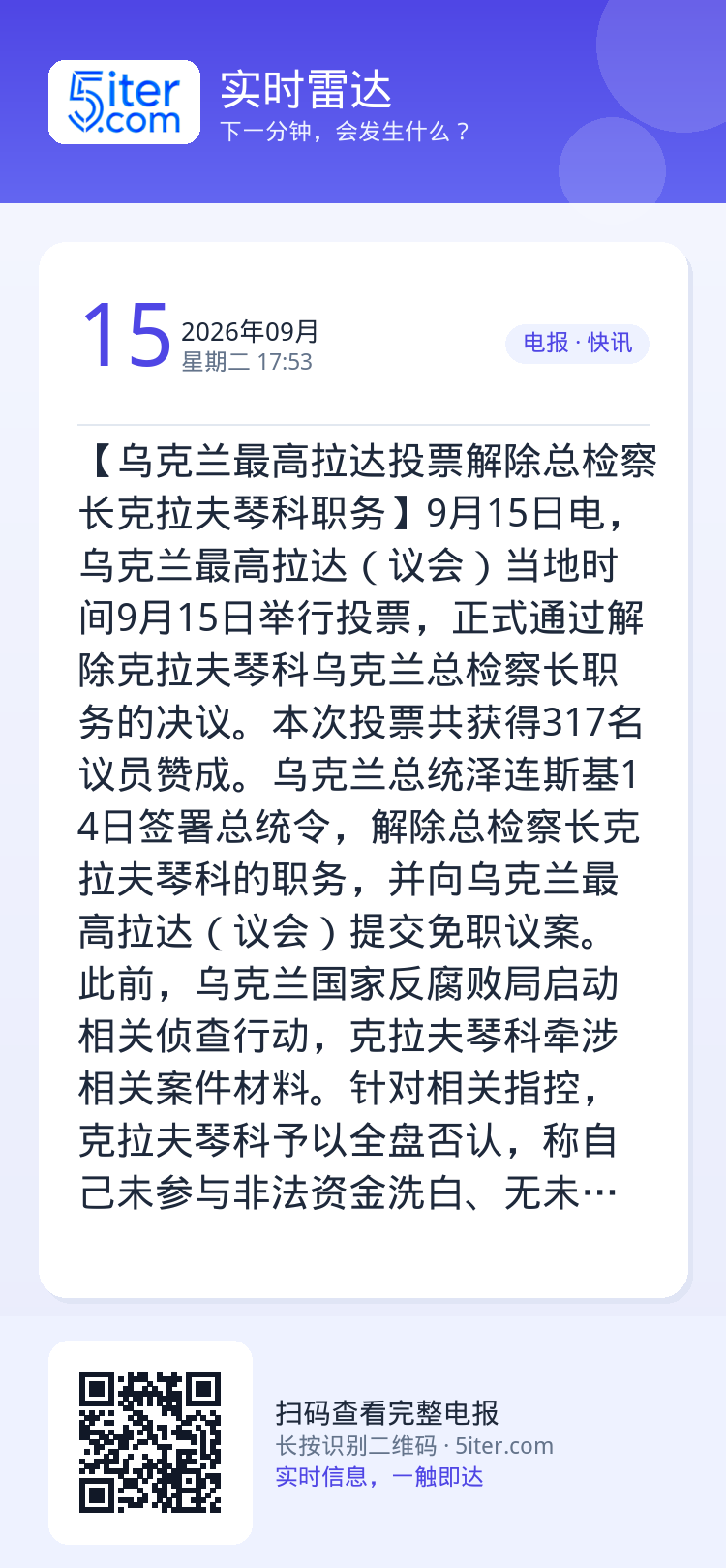 【乌克兰最高拉达投票解除总检察长克拉夫琴科职务】9月15日电，乌克兰最高拉达（议会）当地时间9月15日举行投票，正式通过