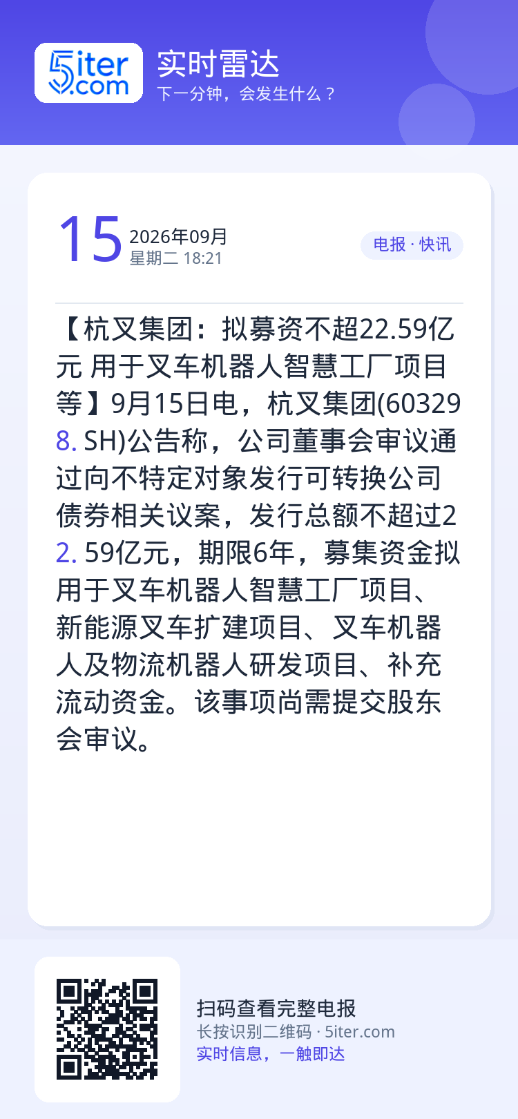 【杭叉集团：拟募资不超22.59亿元 用于叉车机器人智慧工厂项目等】9月15日电，杭叉集团(603298.SH)公告称，