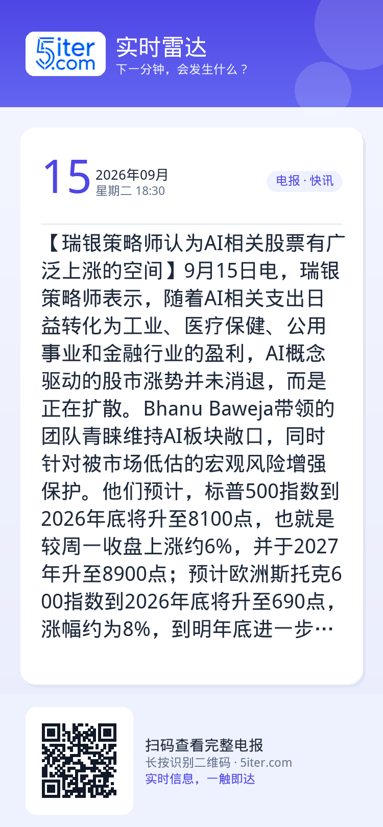 【瑞银策略师认为AI相关股票有广泛上涨的空间】9月15日电，瑞银策略师表示，随着AI相关支出日益转化为工业、医疗保健、公