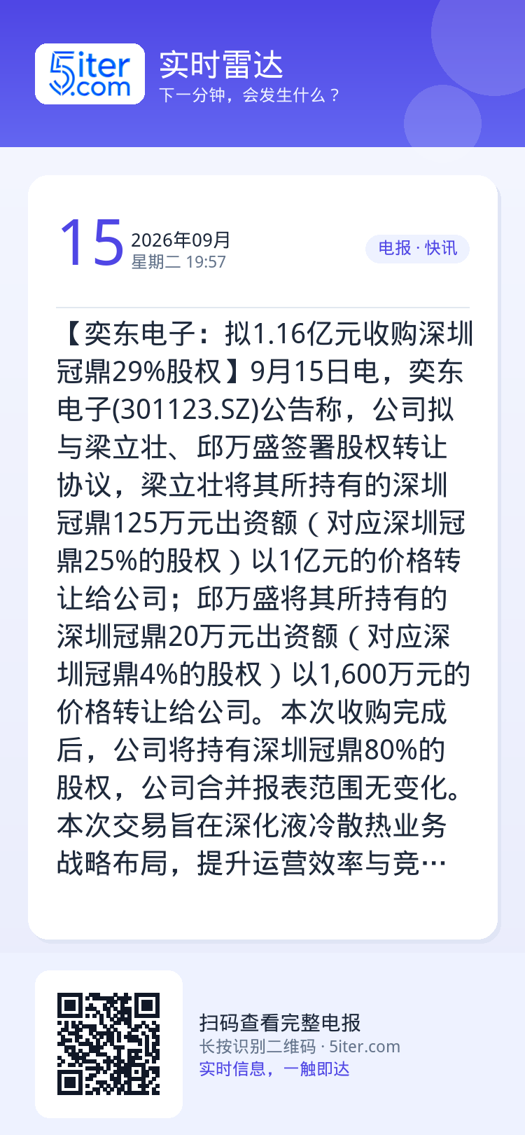 【奕东电子：拟1.16亿元收购深圳冠鼎29%股权】9月15日电，奕东电子(301123.SZ)公告称，公司拟与梁立壮、邱