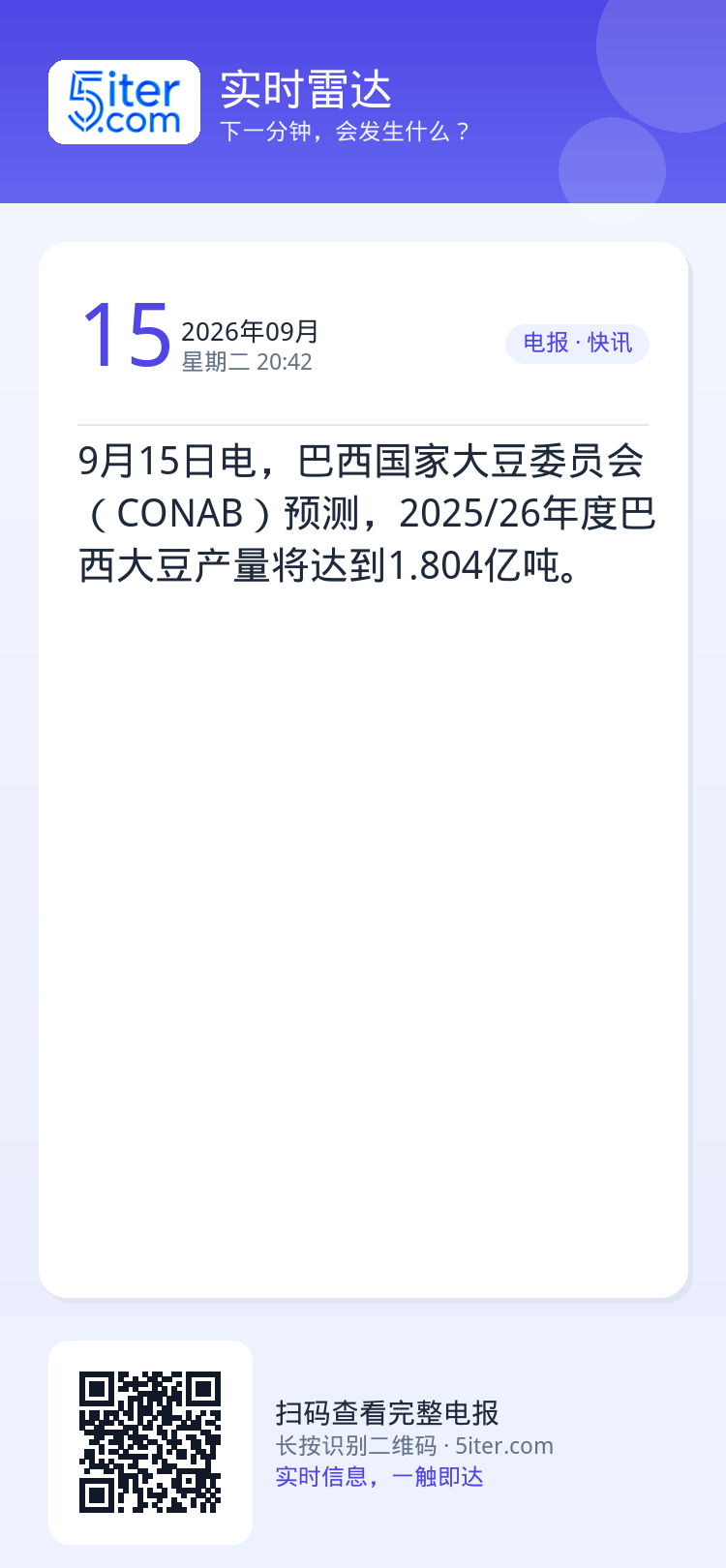9月15日电，巴西国家大豆委员会（CONAB）预测，2025/26年度巴西大豆产量将达到1.804亿吨。