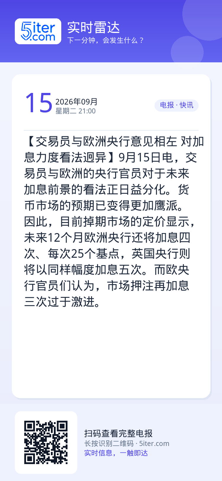 【交易员与欧洲央行意见相左 对加息力度看法迥异】9月15日电，交易员与欧洲的央行官员对于未来加息前景的看法正日益分化。货