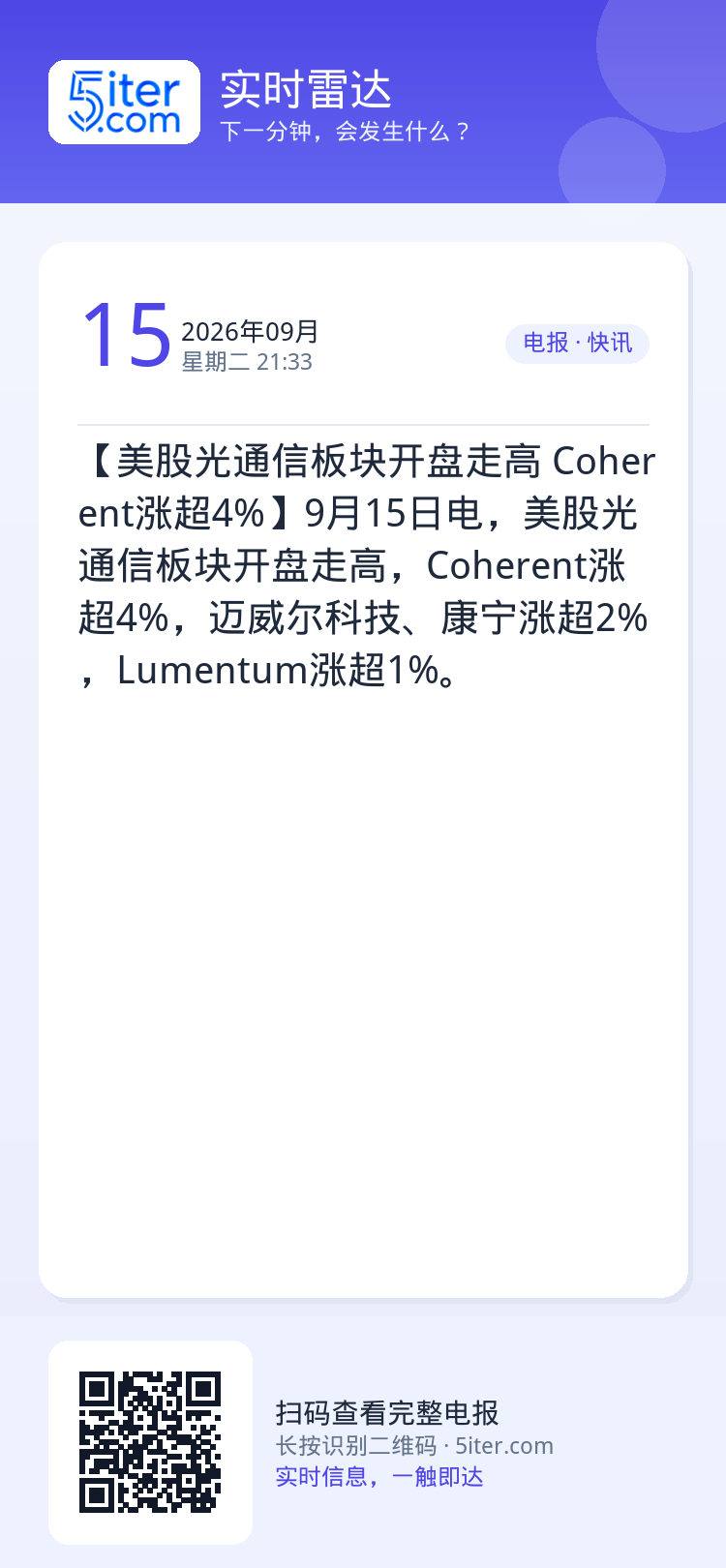 【美股光通信板块开盘走高 Coherent涨超4%】9月15日电，美股光通信板块开盘走高，Coherent涨超4%，迈威