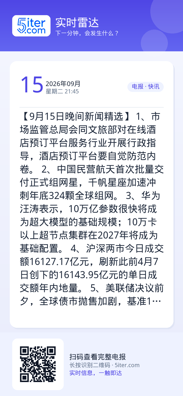【9月15日晚间新闻精选】
1、市场监管总局会同文旅部对在线酒店预订平台服务行业开展行政指导，酒店预订平台要自觉防范内卷