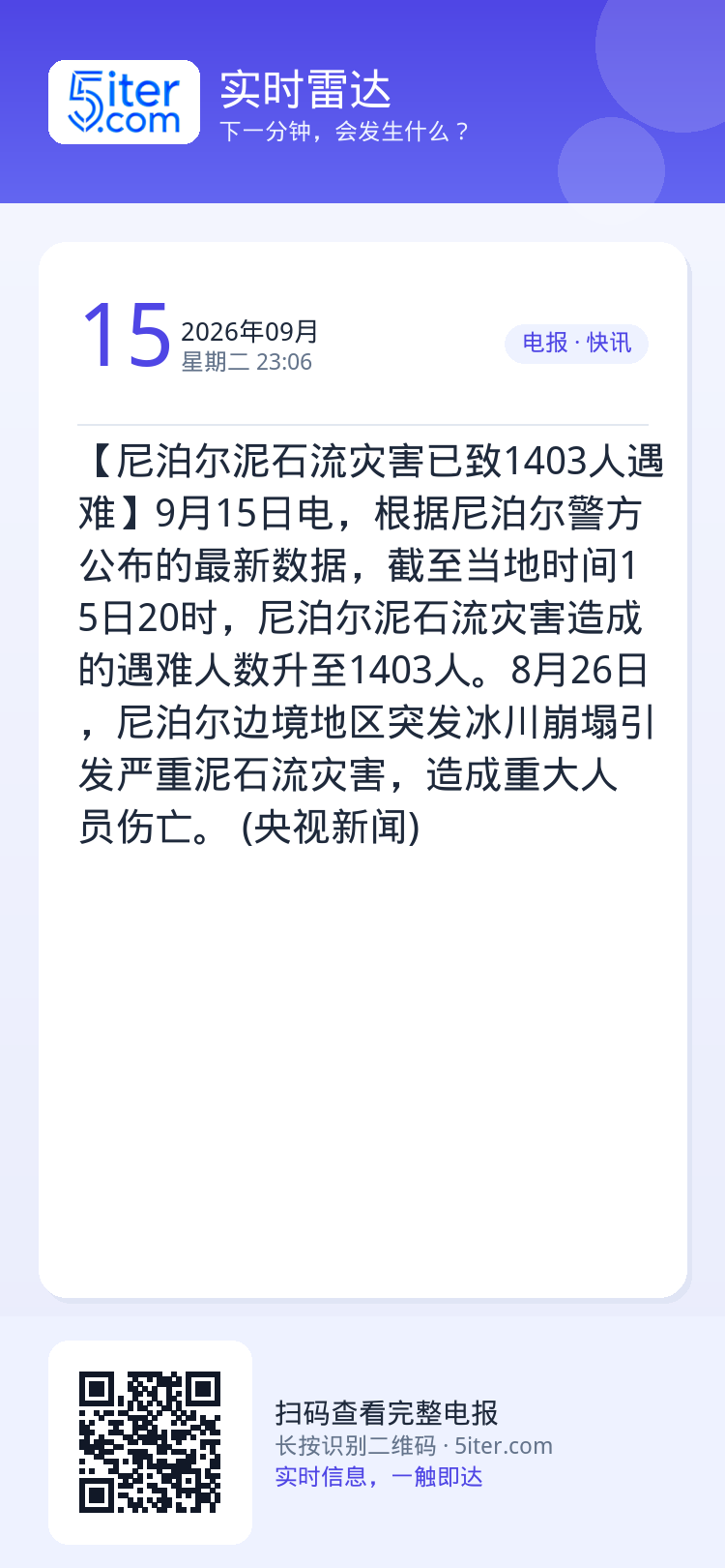 【尼泊尔泥石流灾害已致1403人遇难】9月15日电，根据尼泊尔警方公布的最新数据，截至当地时间15日20时，尼泊尔泥石流
