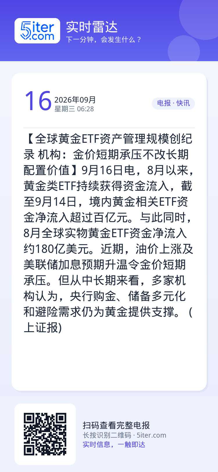 【全球黄金ETF资产管理规模创纪录 机构：金价短期承压不改长期配置价值】9月16日电，8月以来，黄金类ETF持续获得资金