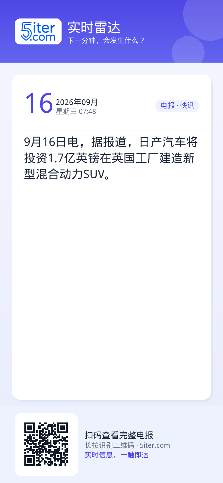 9月16日电，据报道，日产汽车将投资1.7亿英镑在英国工厂建造新型混合动力SUV。