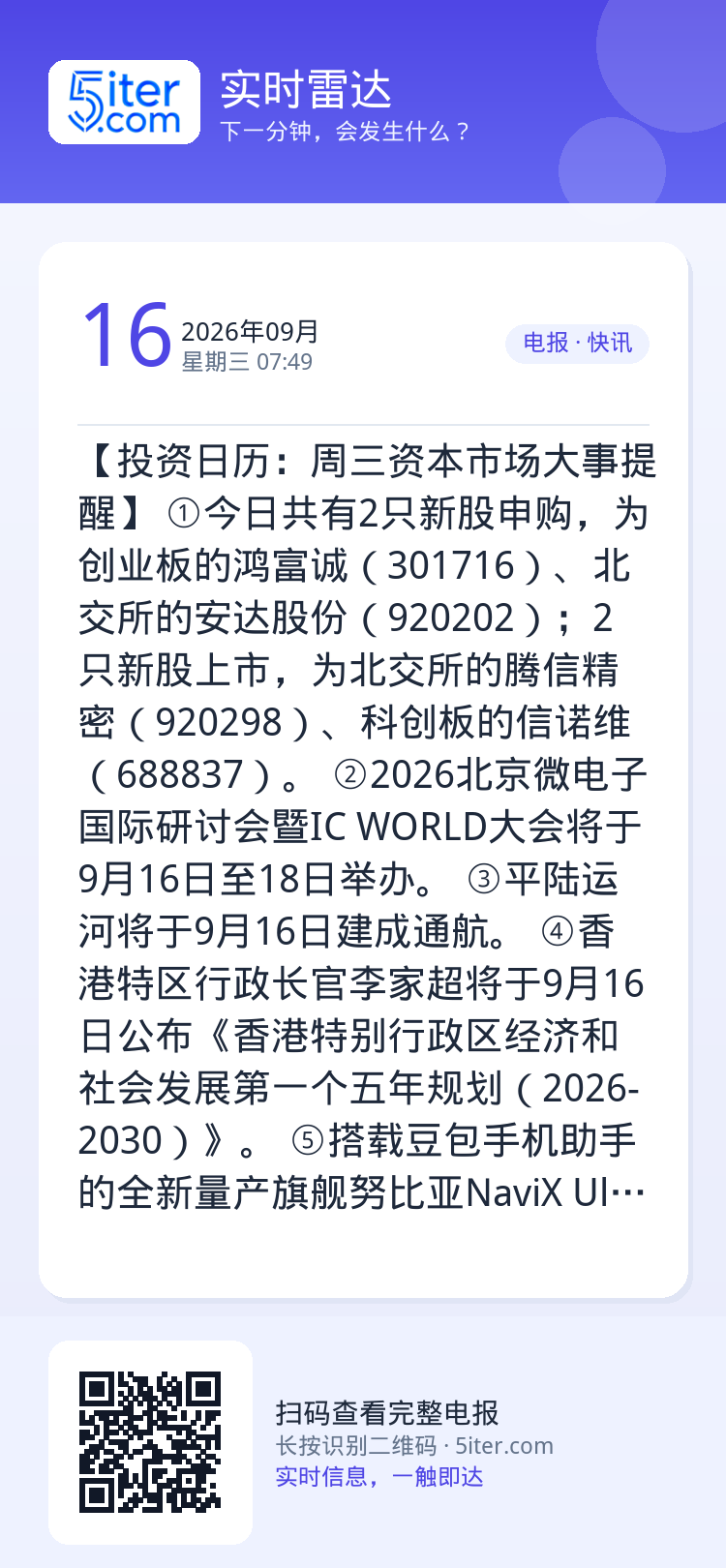 【投资日历：周三资本市场大事提醒】
①今日共有2只新股申购，为创业板的鸿富诚（301716）、北交所的安达股份（9202