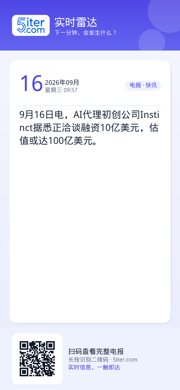 9月16日电，AI代理初创公司Instinct据悉正洽谈融资10亿美元，估值或达100亿美元。
