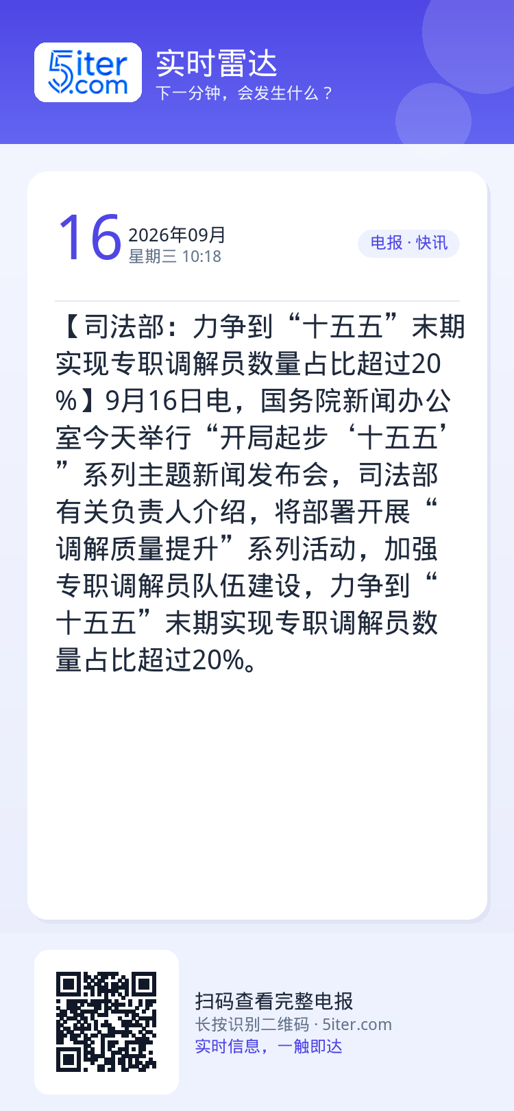 【司法部：力争到“十五五”末期实现专职调解员数量占比超过20%】9月16日电，国务院新闻办公室今天举行“开局起步‘十五五