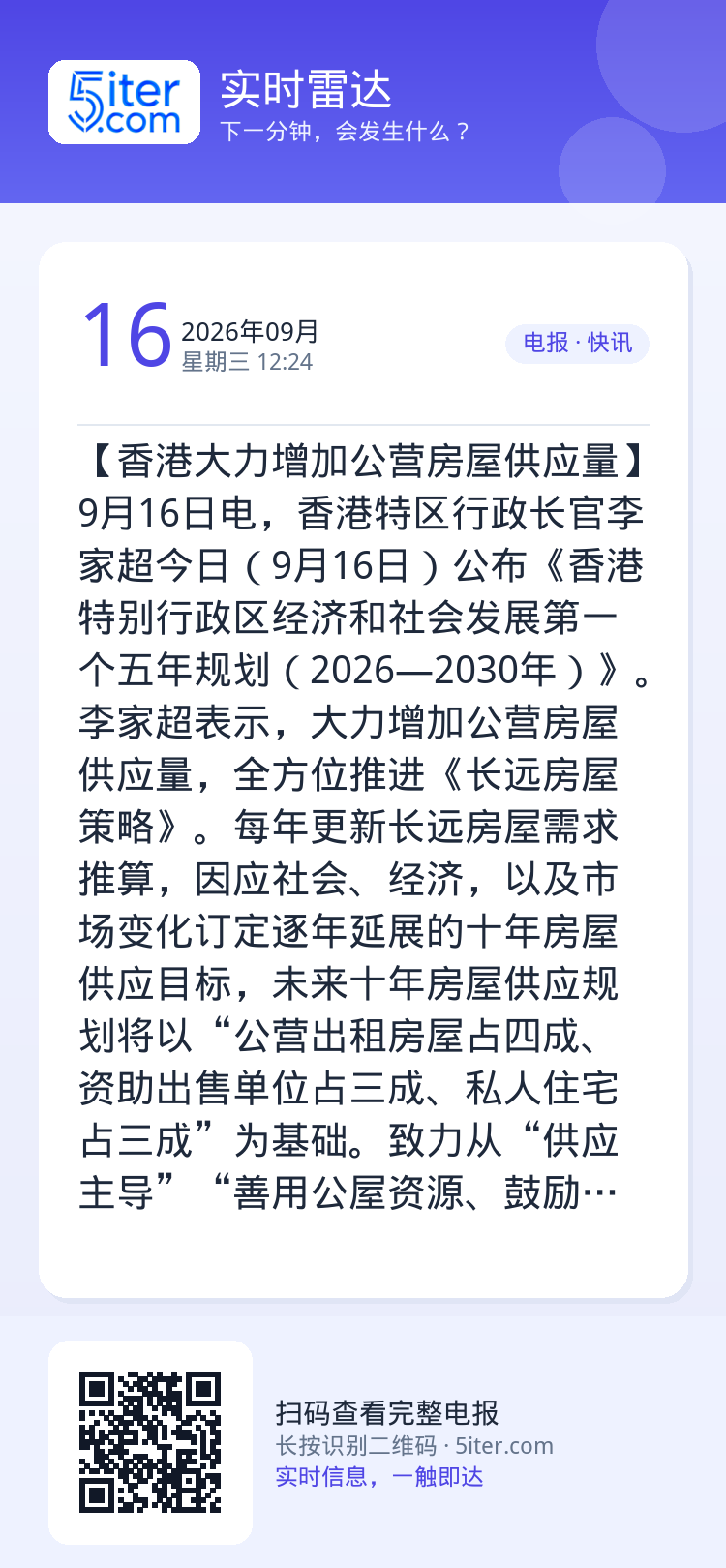 【香港大力增加公营房屋供应量】9月16日电，香港特区行政长官李家超今日（9月16日）公布《香港特别行政区经济和社会发展第