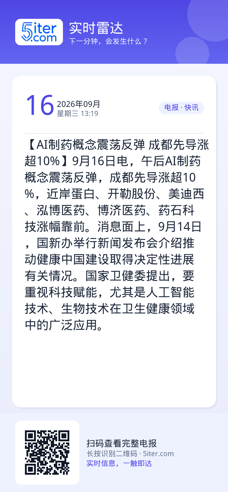 【AI制药概念震荡反弹 成都先导涨超10%】9月16日电，午后AI制药概念震荡反弹，成都先导涨超10%，近岸蛋白、开勒股