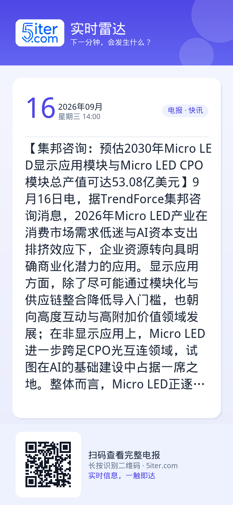 【集邦咨询：预估2030年Micro LED显示应用模块与Micro LED CPO模块总产值可达53.08亿美元】9月