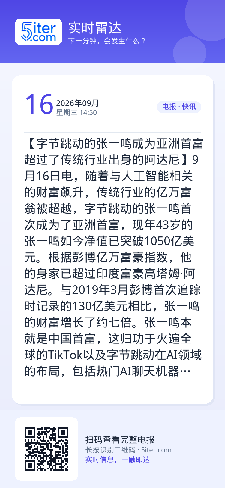 【字节跳动的张一鸣成为亚洲首富 超过了传统行业出身的阿达尼】9月16日电，随着与人工智能相关的财富飙升，传统行业的亿万富