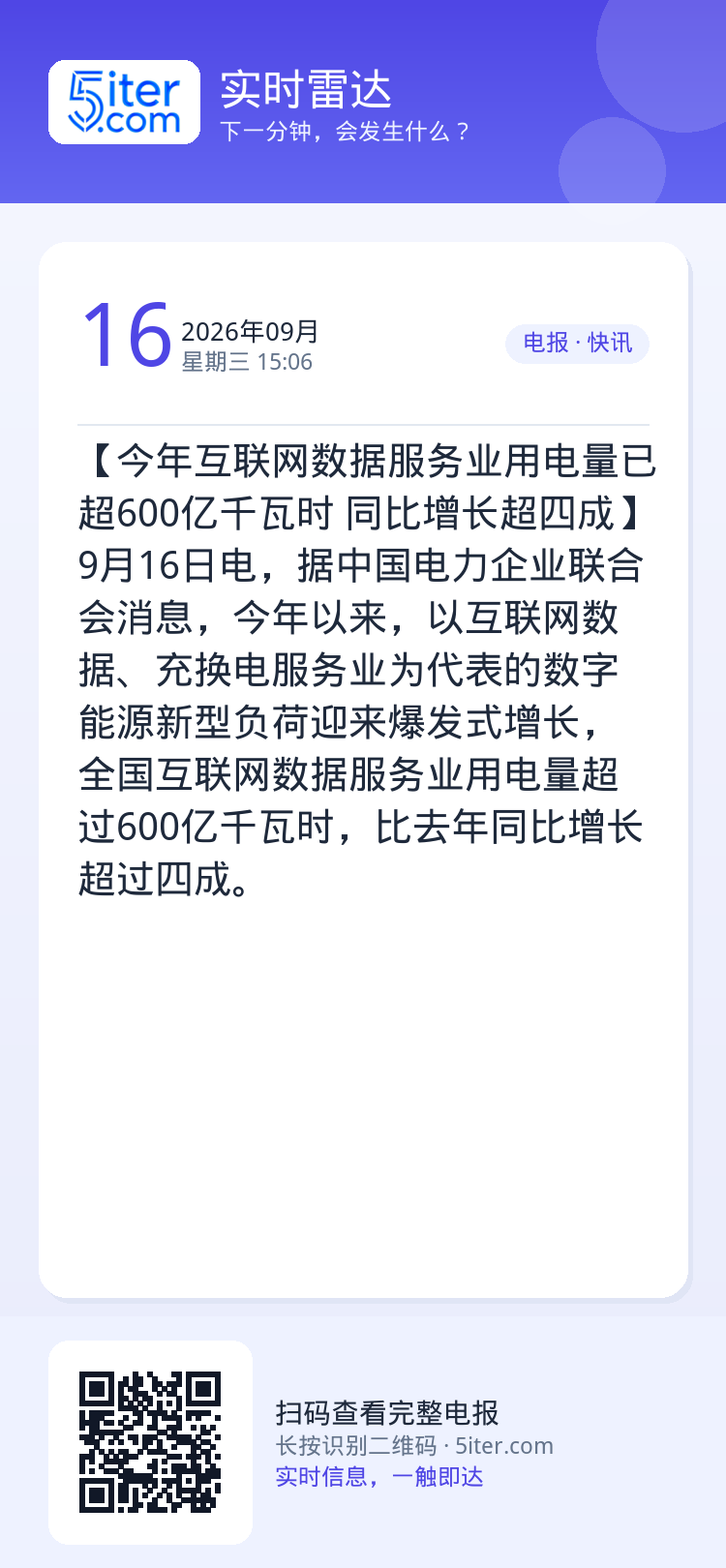 【今年互联网数据服务业用电量已超600亿千瓦时 同比增长超四成】9月16日电，据中国电力企业联合会消息，今年以来，以互联