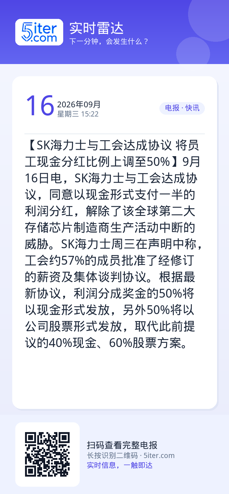 【SK海力士与工会达成协议 将员工现金分红比例上调至50%】9月16日电，SK海力士与工会达成协议，同意以现金形式支付一