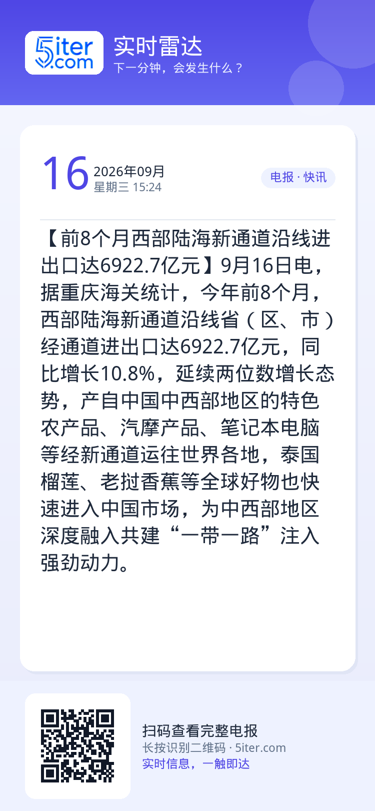 【前8个月西部陆海新通道沿线进出口达6922.7亿元】9月16日电，据重庆海关统计，今年前8个月，西部陆海新通道沿线省（