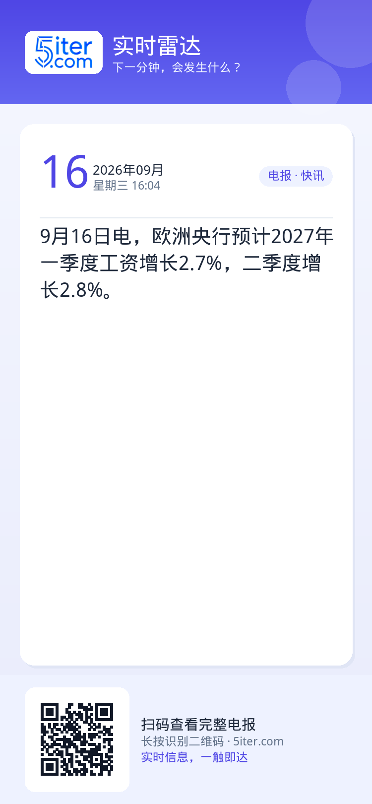 9月16日电，欧洲央行预计2027年一季度工资增长2.7%，二季度增长2.8%。