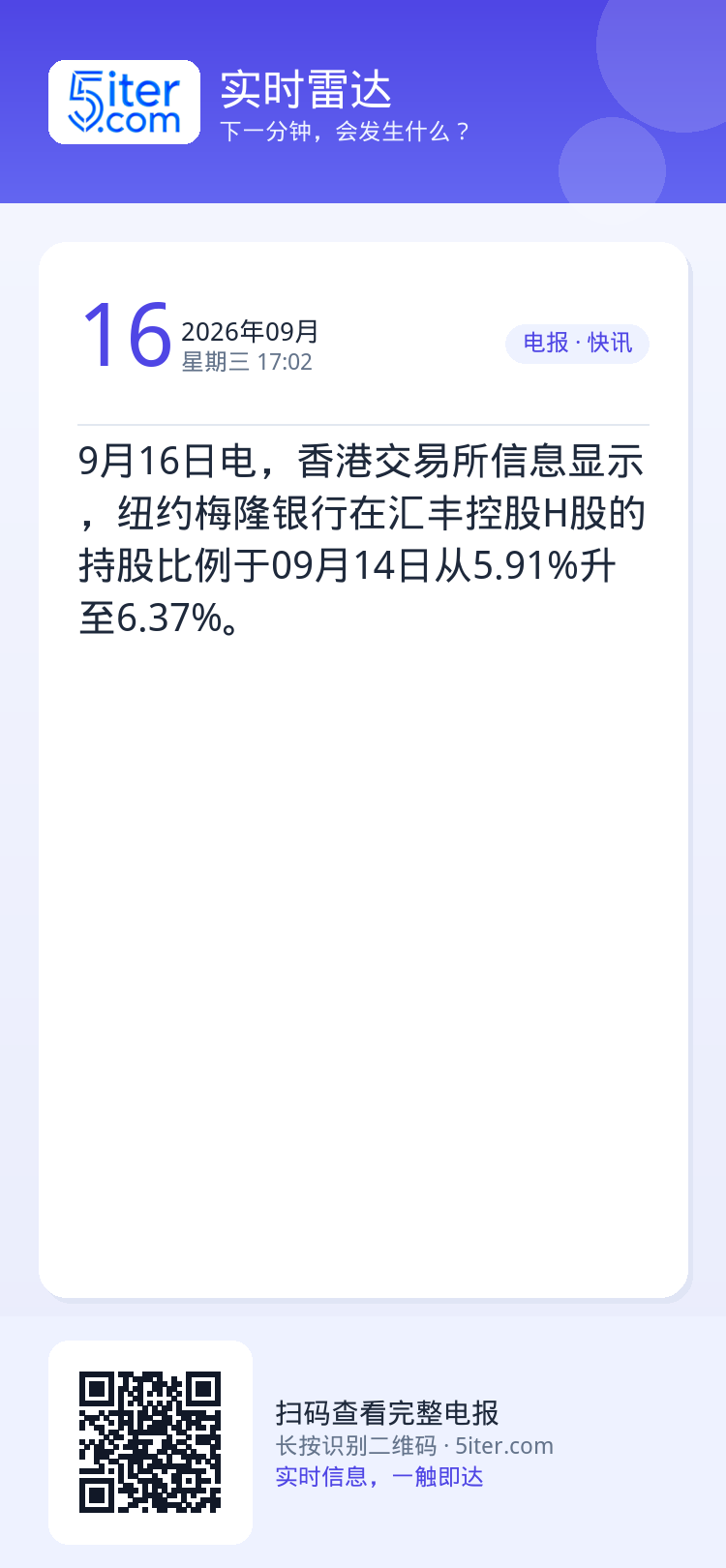 9月16日电，香港交易所信息显示，纽约梅隆银行在汇丰控股H股的持股比例于09月14日从5.91%升至6.37%。