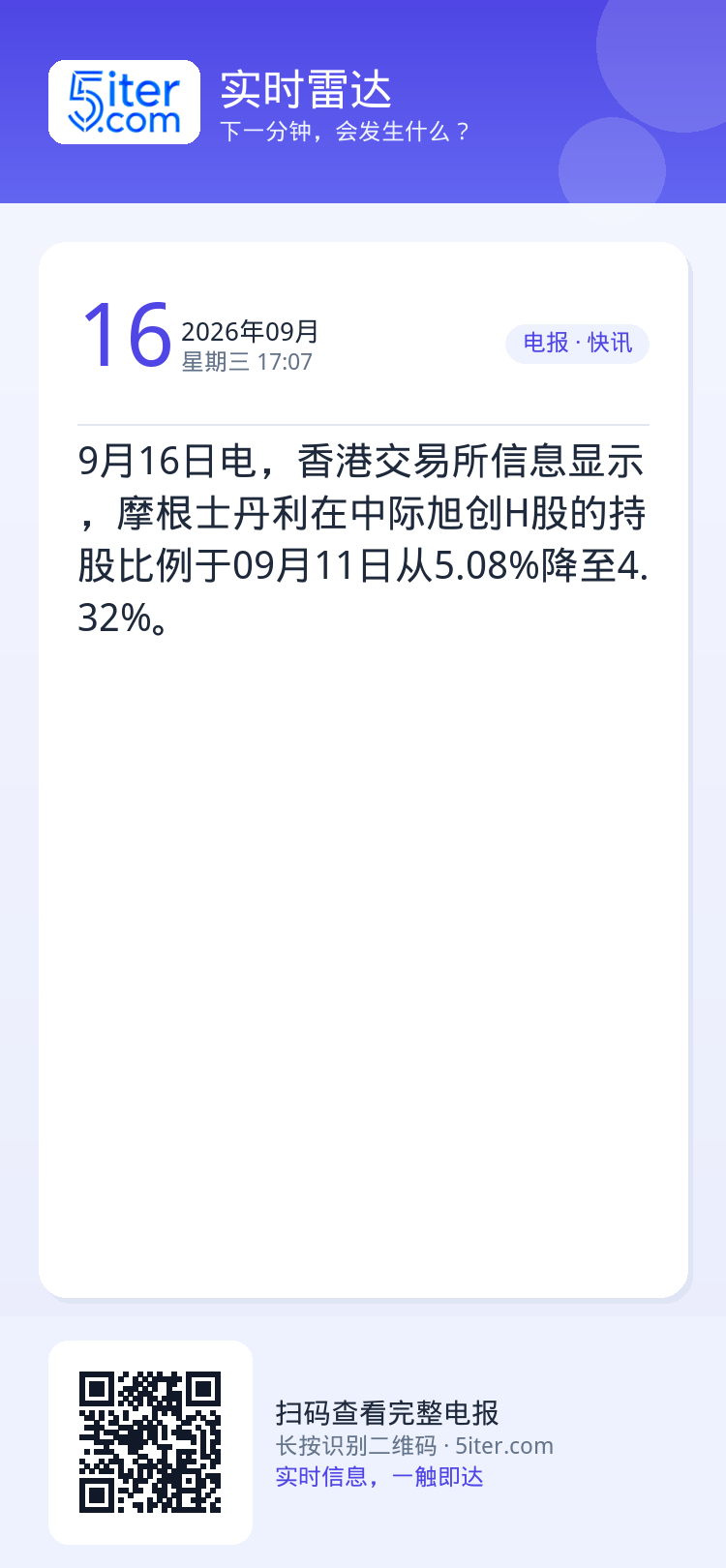 9月16日电，香港交易所信息显示，摩根士丹利在中际旭创H股的持股比例于09月11日从5.08%降至4.32%。